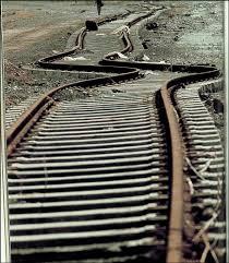 Railroad tracks extremely dislodged from a severe earthquake